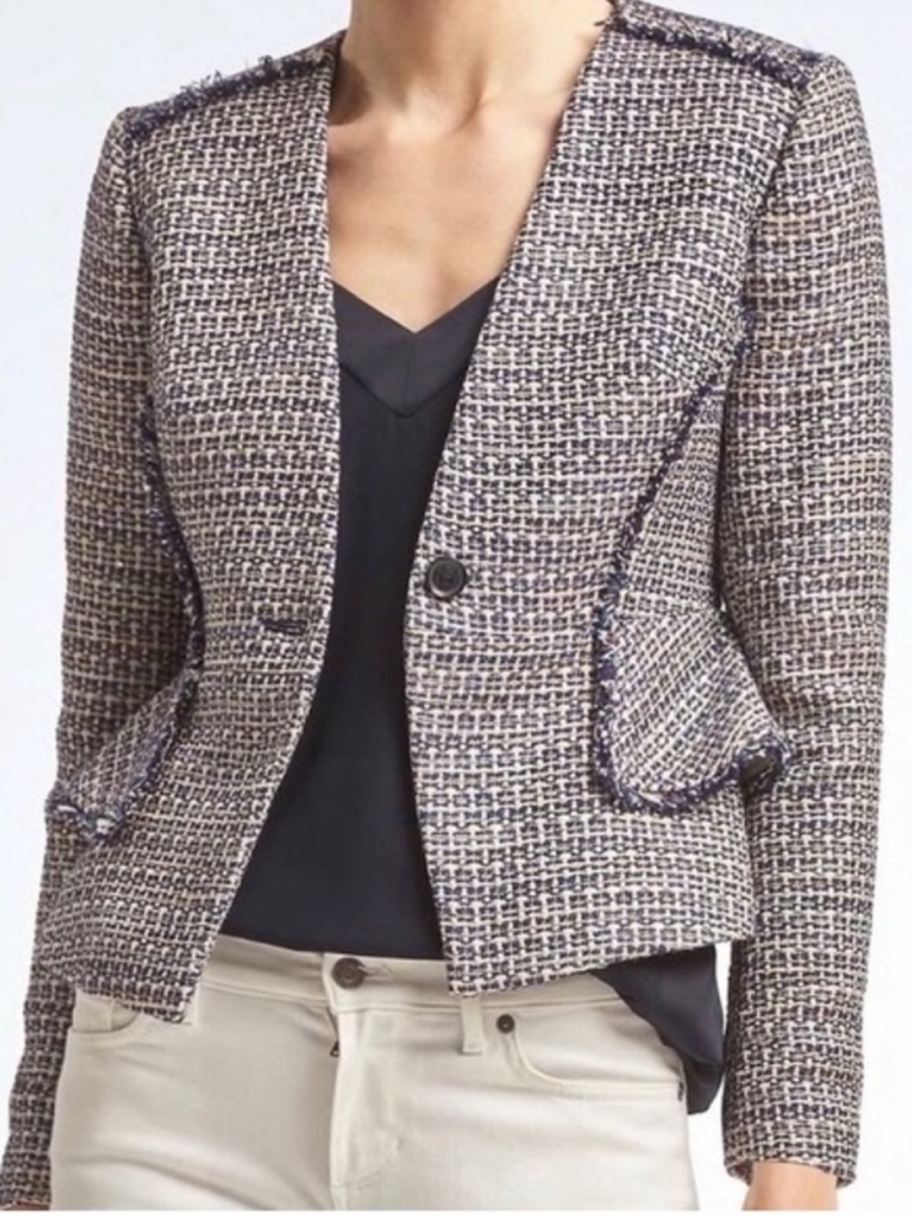 Banana Republic Tweed Peplum Blazer Jacket Blue White Size 4 Career
